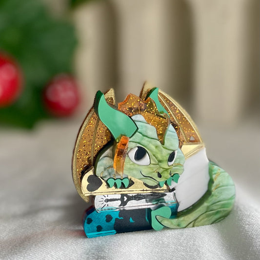 *NEW* OOAK Moss The Romance Reading Book Dragon Brooch