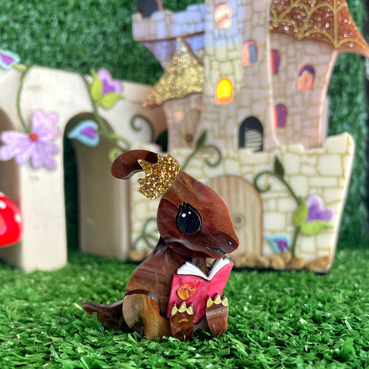 OOAK Romance Reading Dinosaur Princess Foxy Brooch